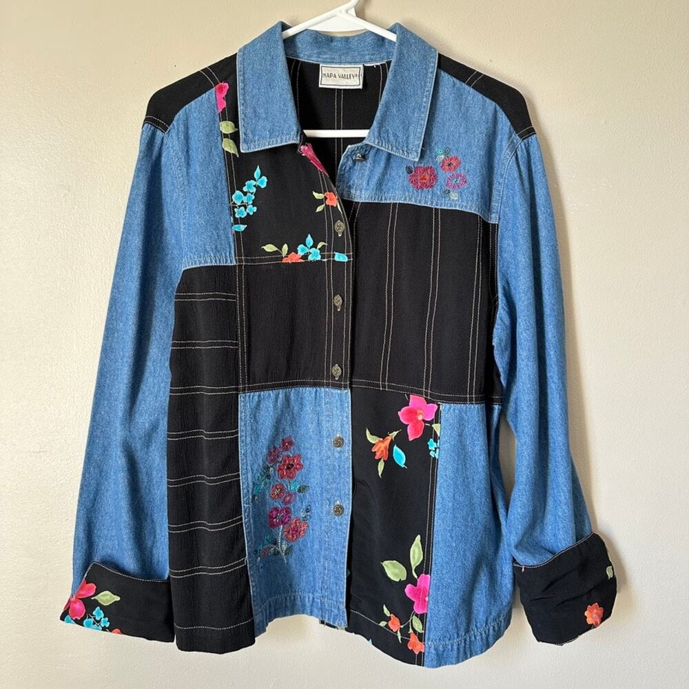 Vintage Napa Valley Shirt Womens LARGE Denim Floral Patchwork 1990 Cottage Boho